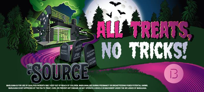 Halloween banner for The Source reading "All Treats, No Tricks!" in dripping horror-style letters. A spooky illustration of The Source dispensary glowing green under a full moon with bats, surrounded by cannabis plants, with tombstones reading "RIP Danky Kong," "Here Lies Pie Scream," and "In Loving Memory Concord Cream" beside a winding purple path.