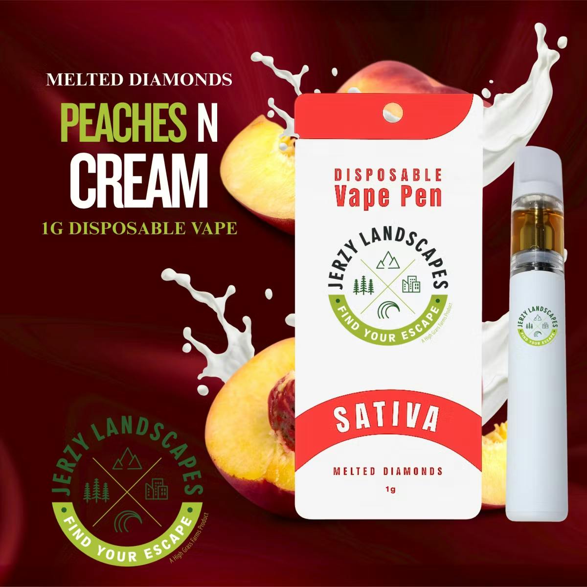 Photo of Jerzy Landscapes l Peaches N’ Cream Melted Diamonds AIO Vape Pen (Disposable) l 1g
