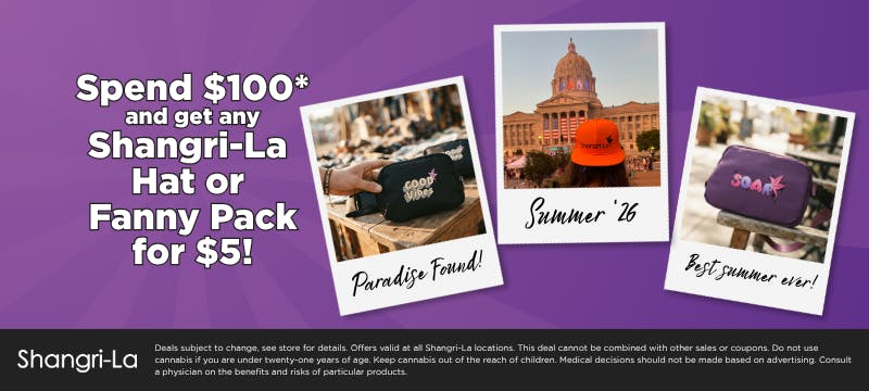 Shangri-La promotional offer featuring branded summer merchandise. Customers who spend $100 can purchase any Shangri-La hat or fanny pack for $5. Offer valid at all Shangri-La locations, subject to applicable terms and exclusions.