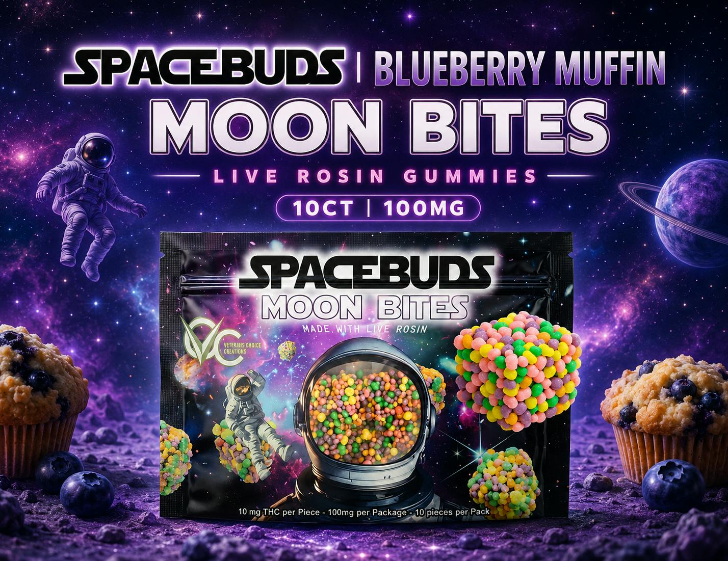 Product Space Buds | Blueberry Muffin Moon Bites | Live Rosin Gummies | 10ct | 100mg