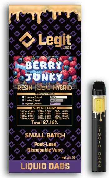 Product: Berry Junky | Post-Less Disposable | Cured Resin | Legit Labs