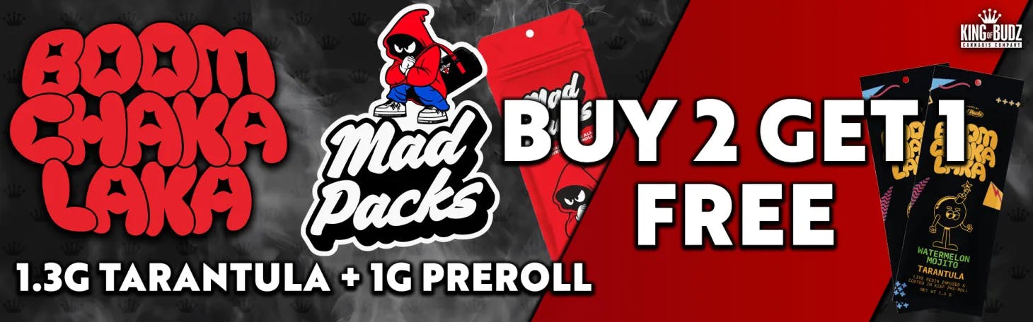 Boom Chaka Laka 1.3g Infused Tarantula/Mad Packs 1g Preroll - B2G1 FREE