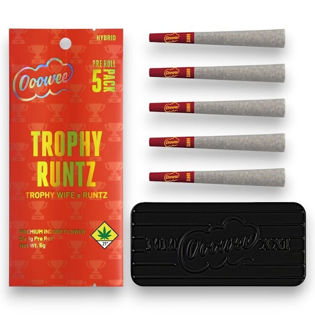 Trophy Wife x Runtz. A pack of five strain specific whole gram pre rolls (5g total).