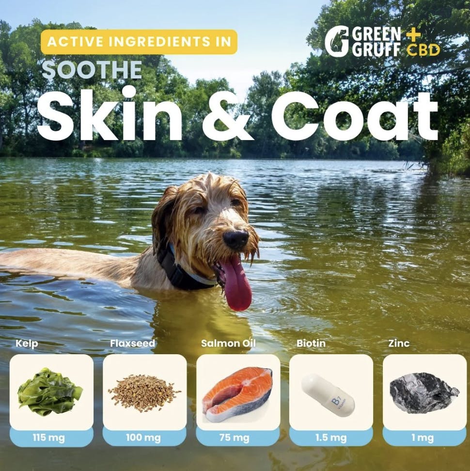 Green Gruff- Soothe Plus CBD |Skin & Coat Dog Supplement 90ct-2