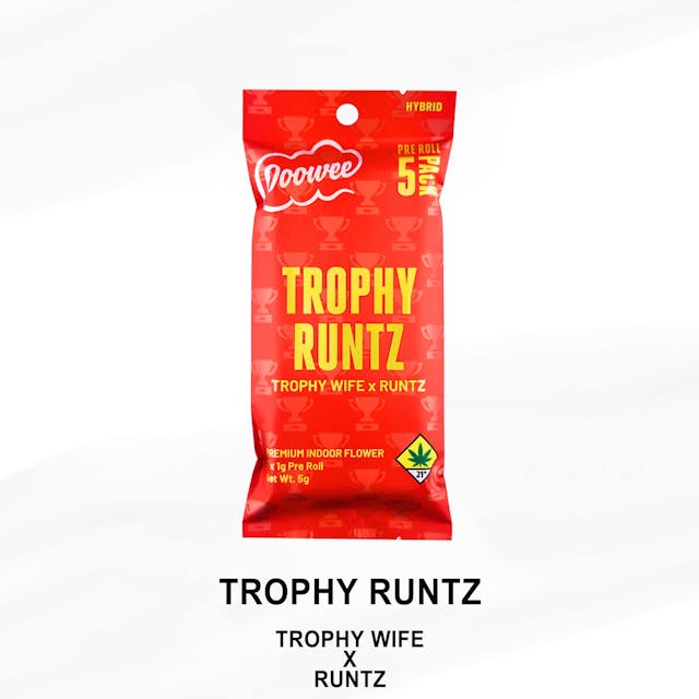 Trophy Wife x Runtz. A pack of five strain specific whole gram pre rolls (5g total).
