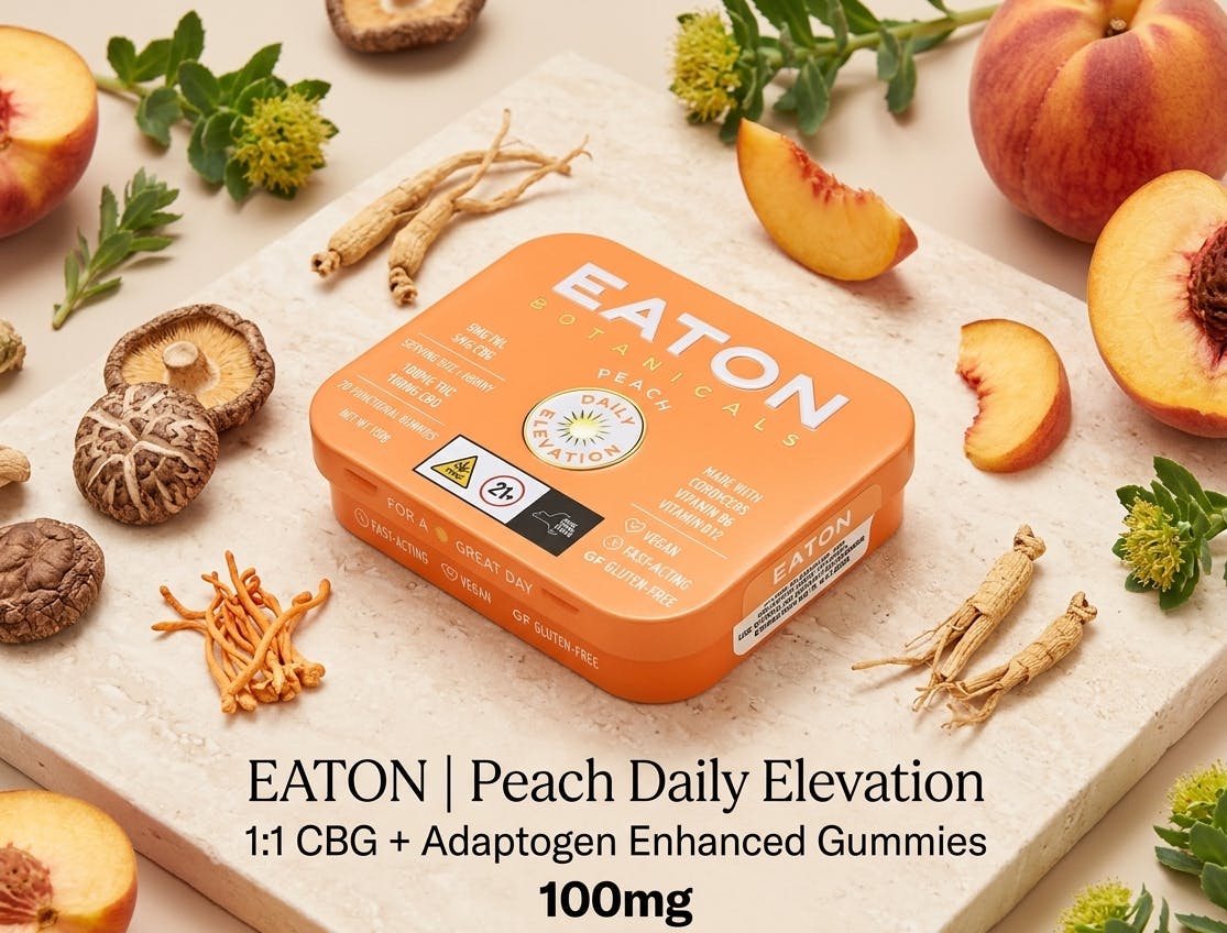 Product Eaton | Peach Daily Elevation | 1:1 CBG + Adaptogen Enhanced Gummies | 100mg