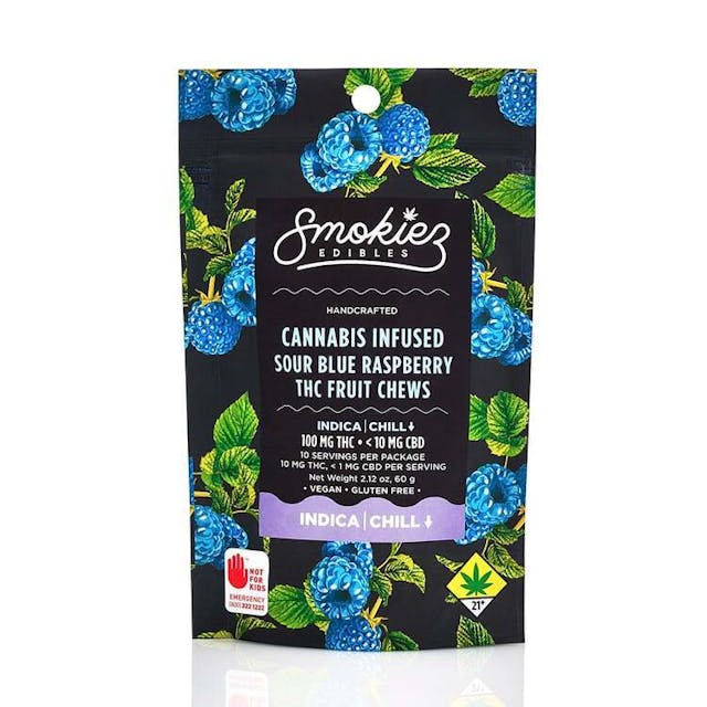 Enhanced with real cannabis terpenes! Smokiez Sour Blue Raspberry Indica Fruit Chews are NOT YOUR AVERAGE FRUIT CHEWS™ ;) These fruit chews taste like fresh raspberries, but with a zing! They have a tangy taste that is reminiscent of ripe berries. These delicious fruit chews are a tasty and discreet way for you to medicate! They are also Vegan, Gluten Free, Dairy-Free, and contain NO High Fructose Corn Syrup. Each of our mouth watering fruit chews contain 10 mg of THC, and made with our high clarity cannabis distillate for great taste. There are 10 pieces per package with 100 mg active THC per package.