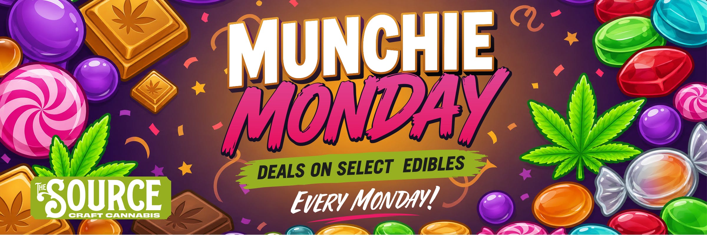Munchie Monday promotional banner for The Source Craft Cannabis in Rogers, AR. Bold graphic announcing deals on select edibles every Monday, featuring illustrated cannabis-infused chocolates, gummies, and hard candies surrounding the text against a dark purple background with confetti accents.