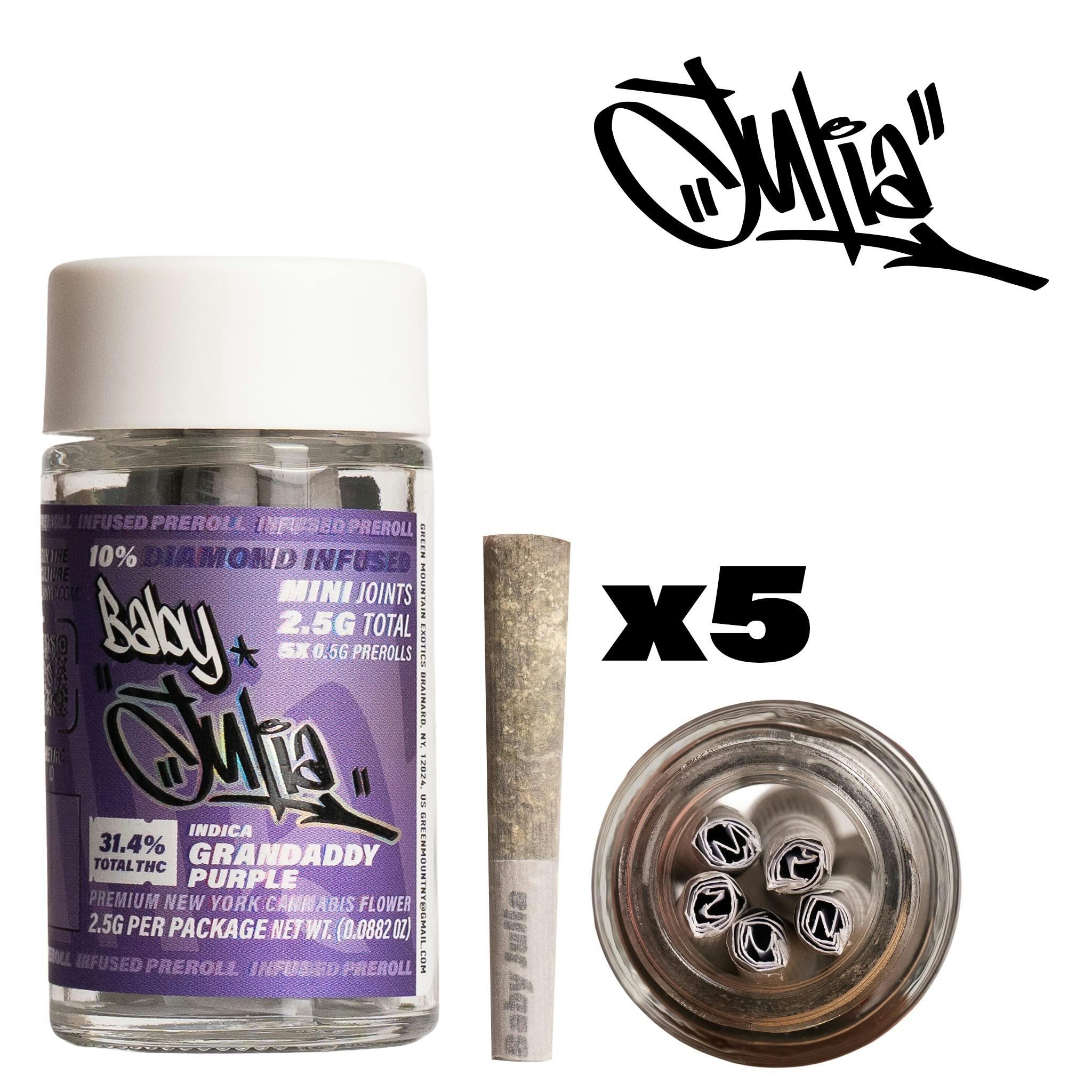 Julia | Baby Julia | Infused Prerolls | Diamond Infused | Granddaddy Purple | 0.5g | 5 Pack | 2.5g | Indica | THC 31.4% Julia