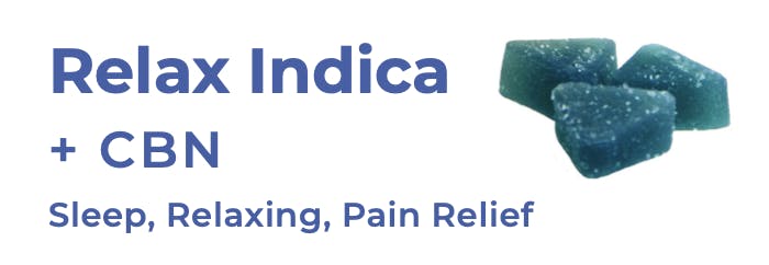 image of Relax Indica Blue Raz (1:1 THC:CBD + CBN) – Waterless Live Rosin, Fast Acting Gummies – 10 pieces (100mg)