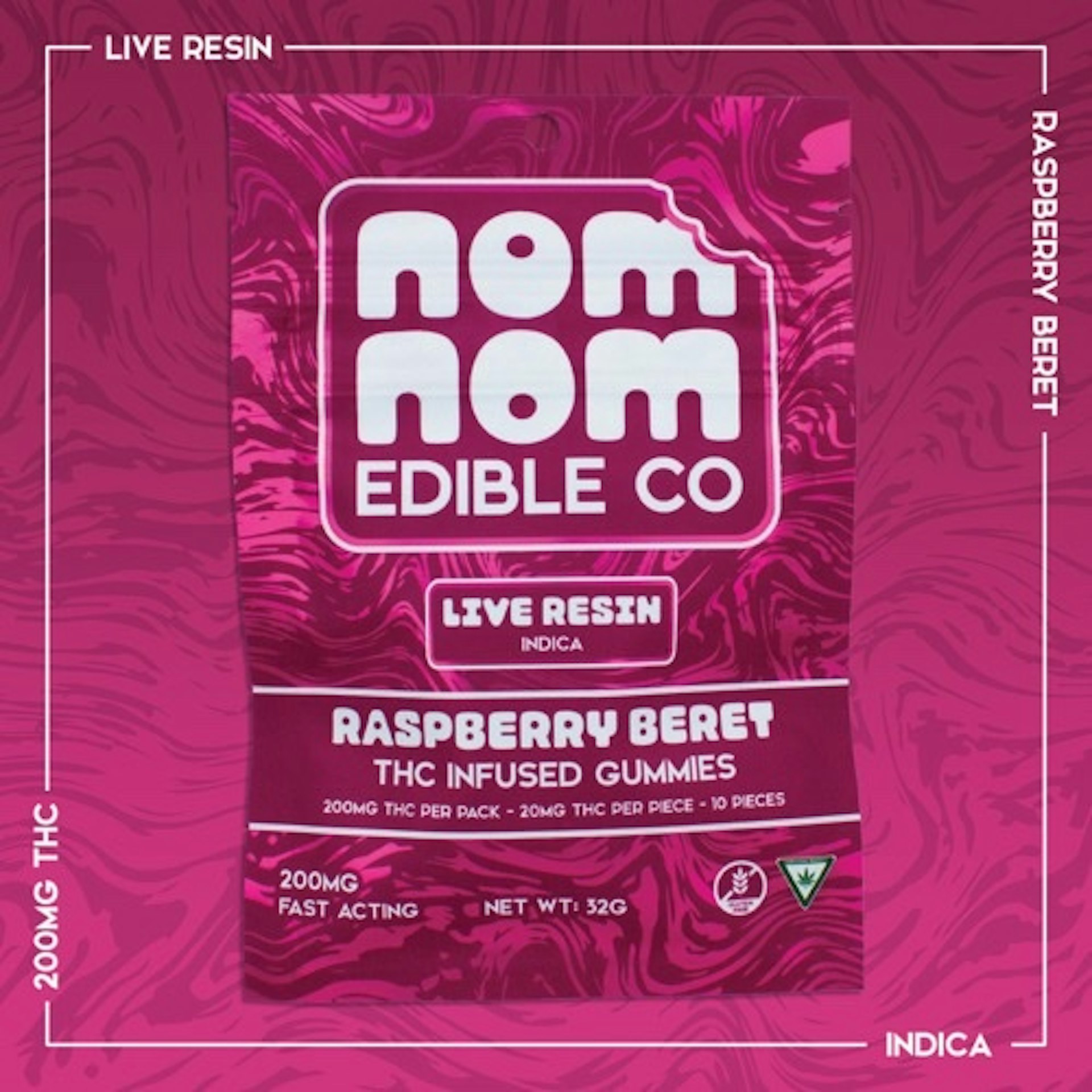 Nom Nom - Raspberry Beret 200mg Live Resin Gummies