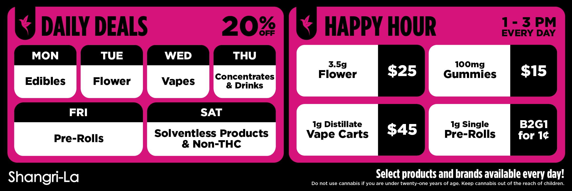 Shangri-La promotional banner outlining daily deals and happy hour specials, featuring 20% off rotating categories including Monday edibles, Tuesday flower, Wednesday vapes, Thursday concentrates and drinks, Friday pre-rolls, and Saturday solventless and non-THC products, alongside daily happy hour from 1–3 PM with 3.5g flower for $25, 100mg gummies for $15, 1g distillate vape carts for $45, and buy two get one pre-rolls for $0.01.