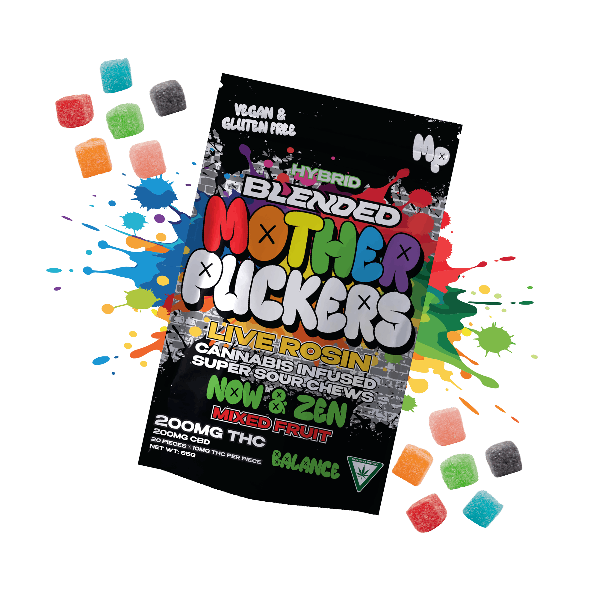 Mother Puckers - 200mg THC : 200mg CBD Live Rosin Gummies - Now & Zen (Mixed Fruit)
