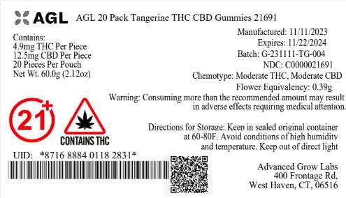 AGL 20 Pack Tangerine THC CBD Gummies 21691 Trulieve Bristol REC