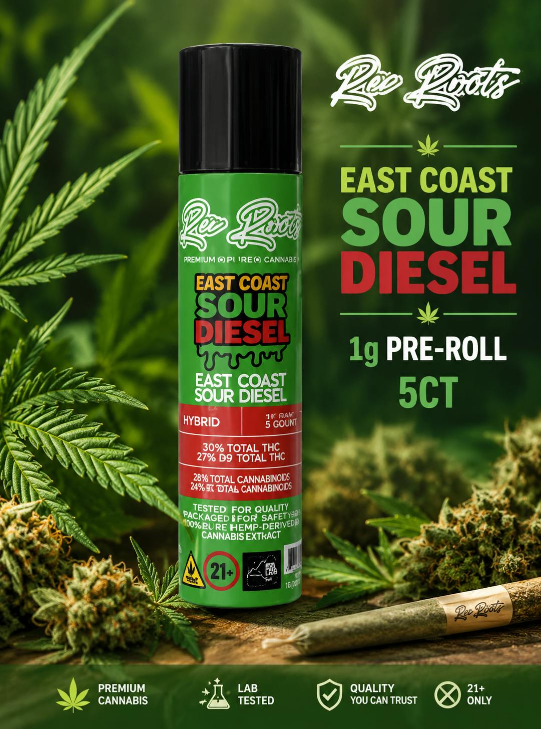 Product Rec Roots | East Coast Sour Diesel | 1g Pre-Roll | 5ct