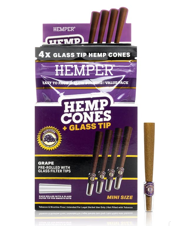 Accessories | Hemper | Mini Size Hemp Cones + Glass Tip | Grape | 4pk