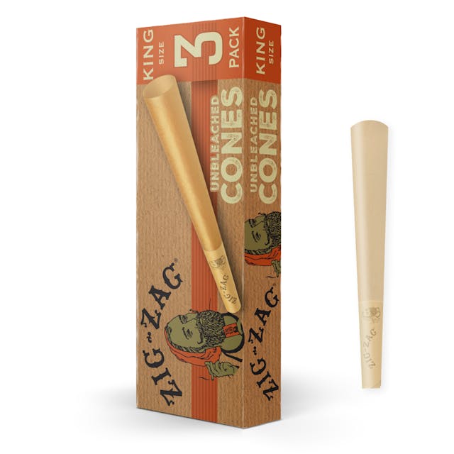 Zig-Zag Unbleached Cones are ultra thin crafted using a blend of natural fibers without the addition of any ingredients or processing. Recycled cardstock booklet with vegetable ink printing.

All Zig-Zag papers have a thin glue line to provide a perfect seal – every time. Derived from the sap of the African acacia tree, the natural properties of 100% raw natural gum Arabic glue line provide a consistent seal without impacting the taste of your smoke.

Substrate: Made from Unbleached Natural Flax Plant Fibers
Paper Size: King (108mm)
Thickness: Ultra Thin
Capacity: ~1g
Pack Size: 3 cones/box