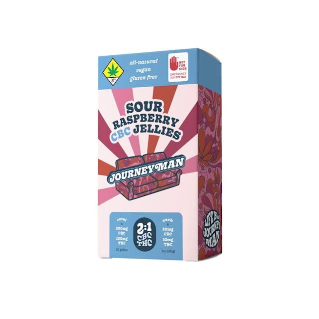 Get ready for any journey with our sweet and sour CBC Jellies. An electric bite of rich raspberry that will take you to a world of groovy bliss. -- All-Natural, Vegan and Gluten Free -- 200mg CBC/100mg THC, 10-pack (20mg CBC/10mg THC each)