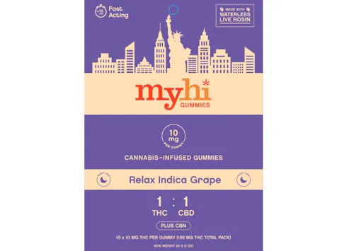 MyHi | Relax Indica Grape | 1:1 THC / CBD + CBN | Waterless Live Rosin Gummies | 10pk-2