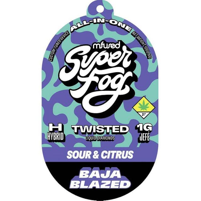 TYPE: Hybrid TASTING NOTES: Sour & Citrus -- Experience Baja Blazed, a vape that’s a refreshing splash of citrus delight. With a flavor that’s a fiesta in your mouth, it’s your ticket to paradise—Blazing Baja-style! Just DEW it!! -- TWISTED is a flavorful, high-strength concentrate that uses melted THCa diamonds for potency and all-natural terpenes for unique flavor profiles that are exciting and familiar. -- Powered by the Mfused Jefé: + High potency effects from melted THCa diamonds + Mouth-watering flavors from all-natural terpenes + New ergonomic shape is comfortable, discreet and convenient + Custom-designed atomizer is tuned for the most authentic expression of our extracts + Designed, tested and developed in the U.S. with our aerosol testing laboratory + Spark Button allows for a fully customized cannabis experience + Button controls device ON/OFF, cold-start and variable temperature settings + Fast charging via USB-C with multi-day battery endurance + Zero harmful additives + Independently tested to ensure product safety