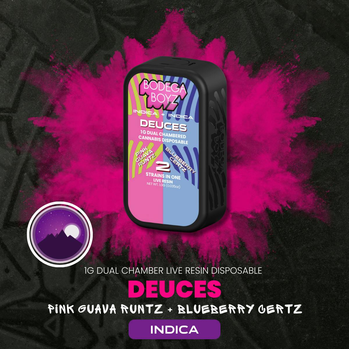 Pink Guava Runtz x Blueberry Certz | 1g Live Resin | Duel Chamber AIO | DeucesBODEGA BOYZIndicaTHC: 80.91%CBD: 0.2%TERPS: 4.68%Bodega Boyz BOGO 1g Vapes$55.00