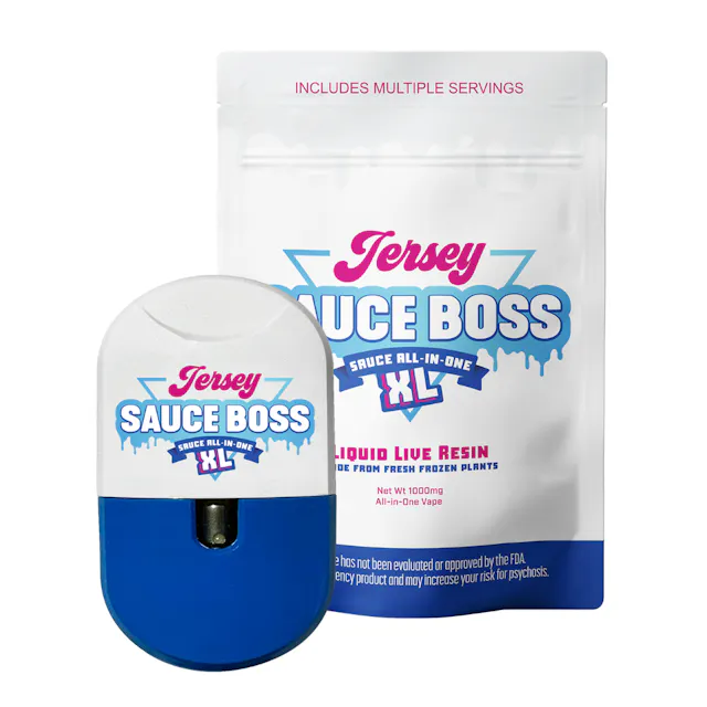 Jersey Sauce Boss Live Resin Sauce Disposable XL Blue Zushi 1g (indica hybrid, live resin disposable)