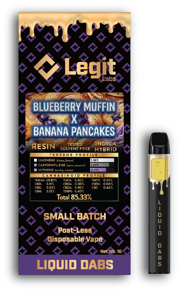 Legit Labs Legit Labs | Postless Disposable Vapor Cartridge | Cured Resin |  Blueberry Muffin x Banana Pancake | 1g - Pleasantrees Cannabis Dispensary  in Michigan