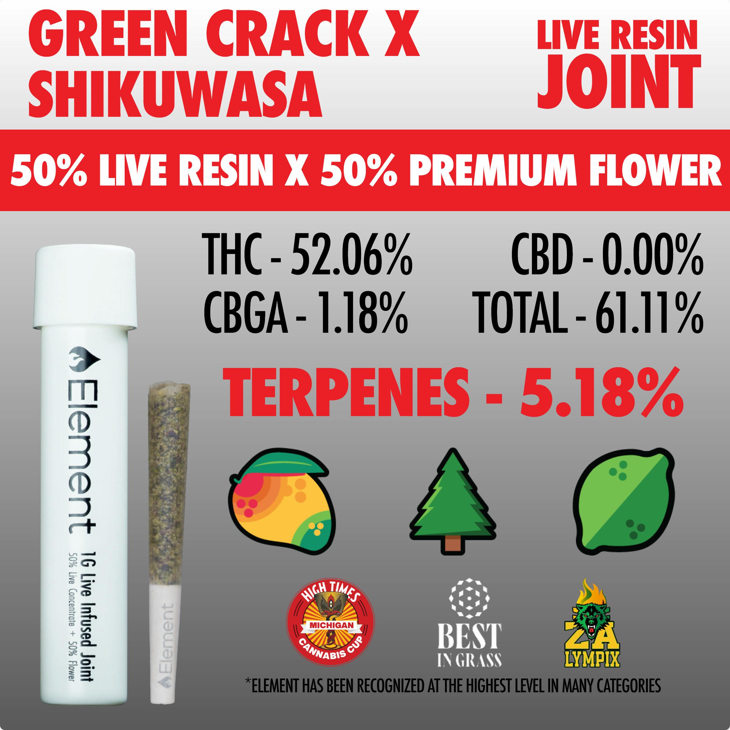 Element x Bud Hub - 1g Live Resin Joint - Green Crack x Shikuwasa