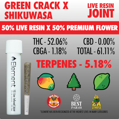 Element x Bud Hub - 1g Live Resin Joint - Green Crack x Shikuwasa - PRE_ROLLS by Element at King of Budz