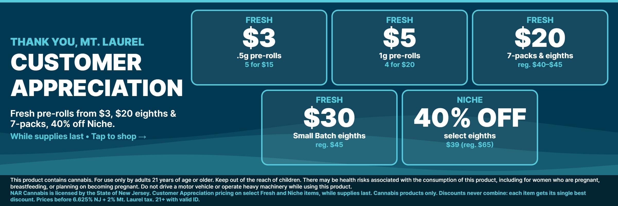 NAR Customer Appreciation, while supplies last: Fresh .5g pre-rolls $3 (5 for $15), Fresh 1g pre-rolls $5 (4 for $20), Fresh 7-packs and eighths $20, Fresh Small Batch eighths $30, 40% off select Niche eighths.
