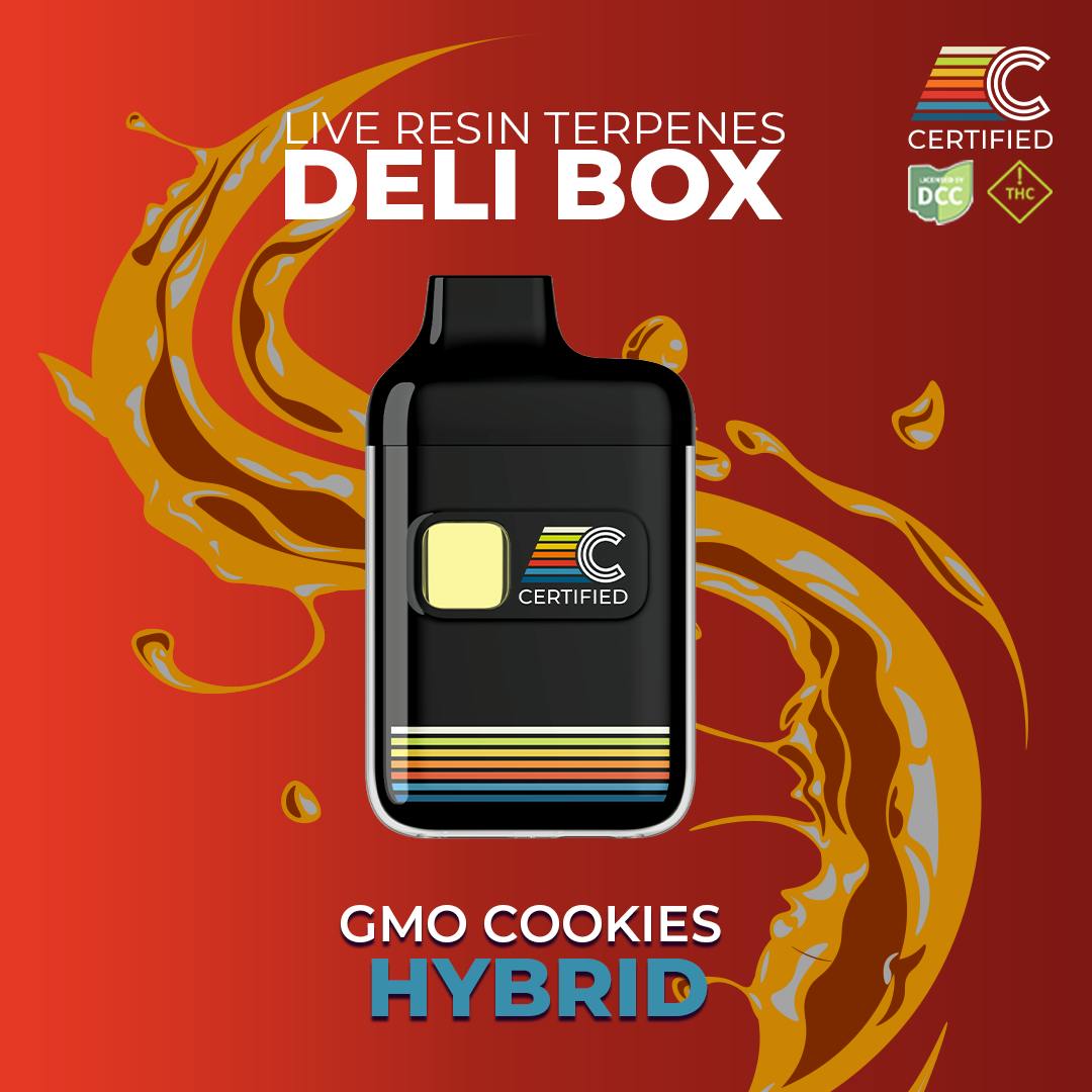 Certified | GMO Cookies | 1g Deli Box Disposable Vape | Queen City Cannabis 