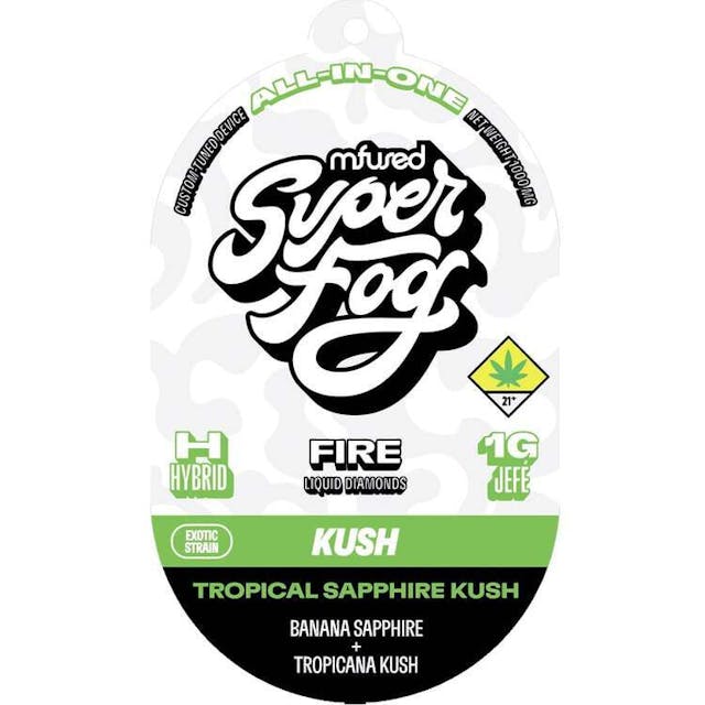 TYPE: Hybrid GENETICS: Banana Sapphire x Tropical Kush CLASSIFICATION: Exotic Strain / Kush Profile -- Vaping Tropical Sapphire Kush is a gem of an experience. It’s an exotic strain with a rich, fruity flavor and deeply sedative, stony effects. Unwind in style with Tropical Sapphire Kush. -- FIRE is a high-potency concentrate crafted from melted THCa diamonds and live resin terpenes, delivering a pure, authentic and complex flavor. This robust extract is powerful and delivers accelerated, intense effects to the user due to its remarkably high THC concentration. -- Powered by the Mfused Jefé: + True-to-strain cannabis profiles from live terpenes + High potency effects from melted THCa diamonds + New ergonomic shape is comfortable, discreet and convenient + Custom-designed atomizer, tuned for the most authentic expression of our extracts + Designed, tested and developed in the U.S. with our aerosol testing laboratory + Spark Button allows for a fully customized cannabis experience + Button controls device ON/OFF, cold-start and variable temperature settings + Fast charging via USB-C with multi-day battery endurance + Zero artificial additives or flavoring + Independently tested to ensure product safety