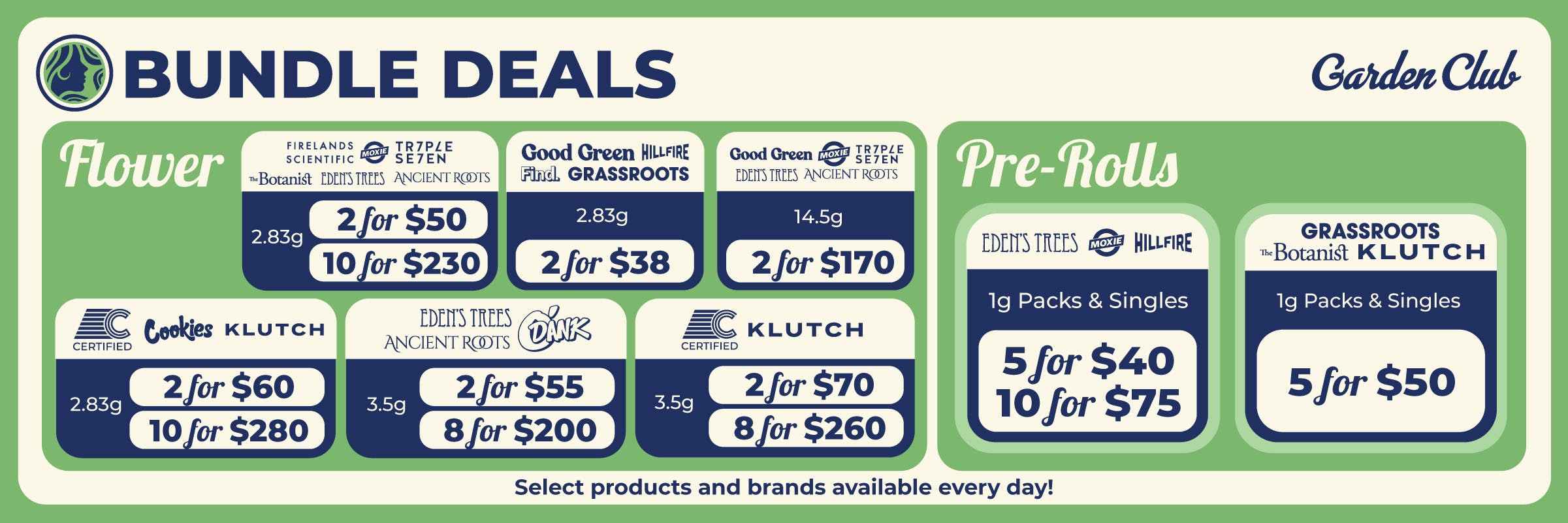 Garden Club bundle deals banner with a green and cream layout highlighting discounted cannabis flower and pre-roll bundles; the flower section includes brand groupings such as Firelands Scientific, The Botanist, Eden’s Trees, Ancient Roots, Good Green, Hillfire, Find, Grassroots, Certified, Cookies, Klutch, and Dank with offers like 2 for $50 or 10 for $230 on 2.83g, 2 for $38 on 2.83g, 2 for $170 on 14.5g, 2 for $60 or 10 for $280 on 2.83g, 2 for $55 or 8 for $200 on 3.5g, and 2 for $70 or 8 for $260 on 3.5g; the pre-roll section features 1g packs and singles from Eden’s Trees, Moxie, Hillfire, The Botanist, Grassroots, and Klutch with deals including 5 for $40, 10 for $75, and 5 for $50, along with a note that select products and brands are available every day.