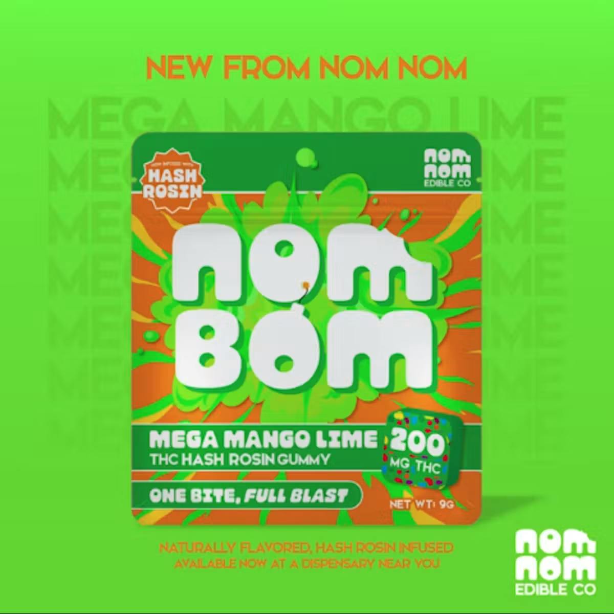 Nom Bom Mega Mango Lime - Hash Rosin Gummies 200MG Single by Nom Nom Edible Co. – Edibles at Gatsby Cannabis