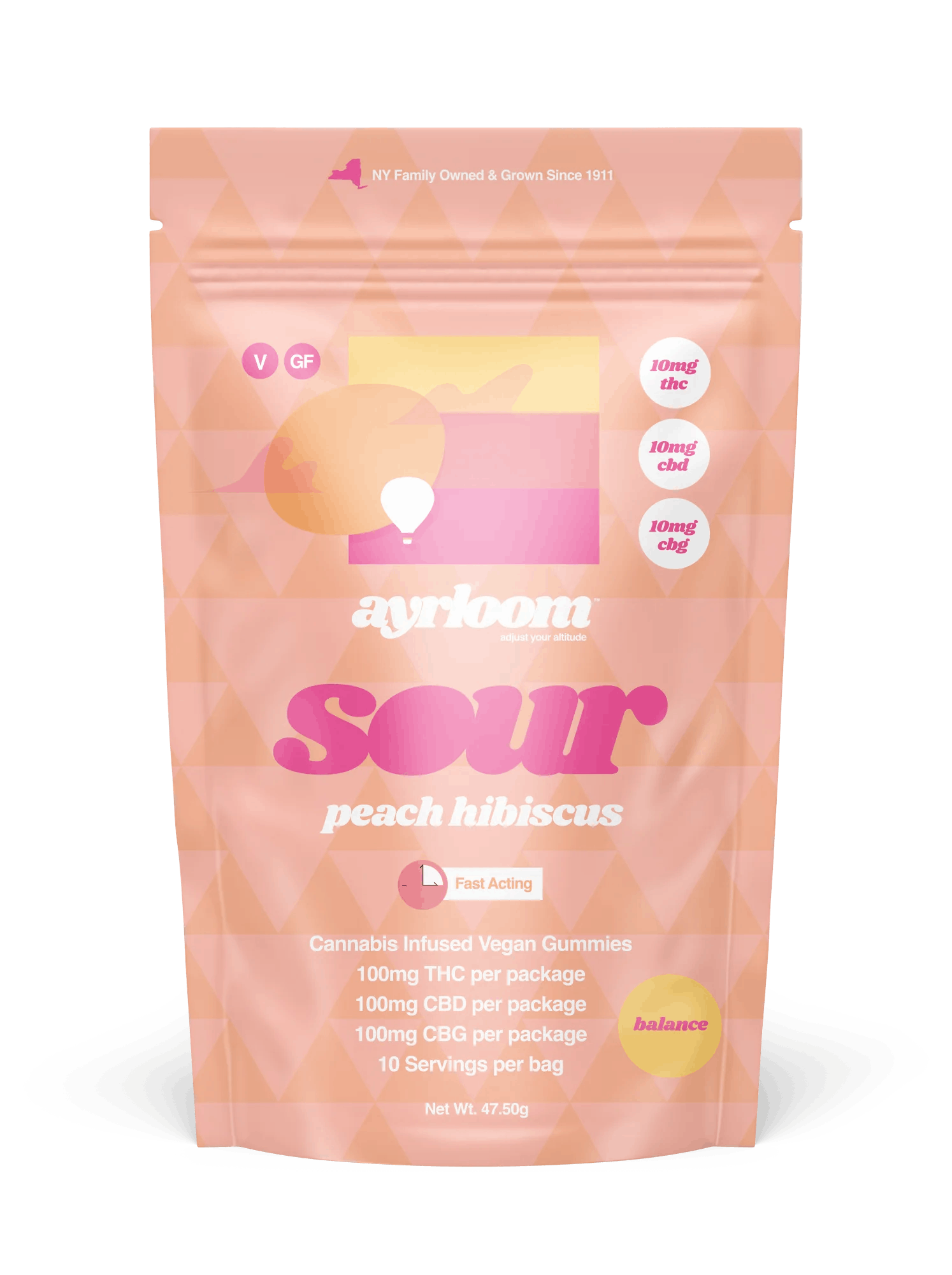 Photo of Ayrloom Sour Peach Hibiscus 1:1:1 | 10MG THC : 10MG CBD : 10MG CBG 10 Pack