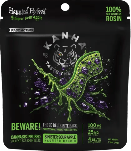 Product 100mg Haunted Hybrid Sinister Sour Apple Crunch Solventless Rosin Sour Belts (4 pieces / 20 servings)