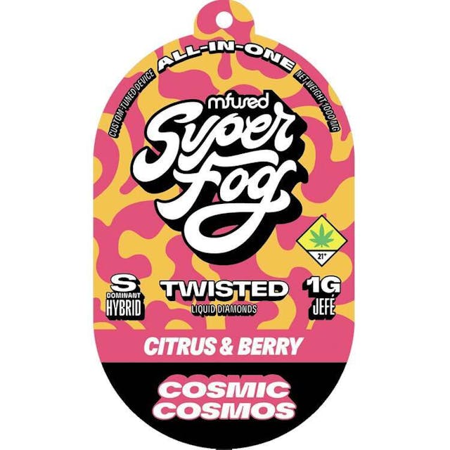 TYPE: Sativa Dom. Hybrid TASTING NOTES: Citrus & Berry -- Hit escape velocity with Cosmic Cosmos! This vape is like a cranberry-lime rocket to the stars. It's a galactic party in your mouth—cosmically delicious! Catch a ride today! -- TWISTED is a flavorful, high-strength concentrate that uses melted THCa diamonds for potency and all-natural terpenes for unique flavor profiles that are exciting and familiar. -- Powered by the Mfused Jefé: + High potency effects from melted THCa diamonds + Mouth-watering flavors from all-natural terpenes + New ergonomic shape is comfortable, discreet and convenient + Custom-designed atomizer is tuned for the most authentic expression of our extracts + Designed, tested and developed in the U.S. with our aerosol testing laboratory + Spark Button allows for a fully customized cannabis experience + Button controls device ON/OFF, cold-start and variable temperature settings + Fast charging via USB-C with multi-day battery endurance + Zero harmful additives + Independently tested to ensure product safety
