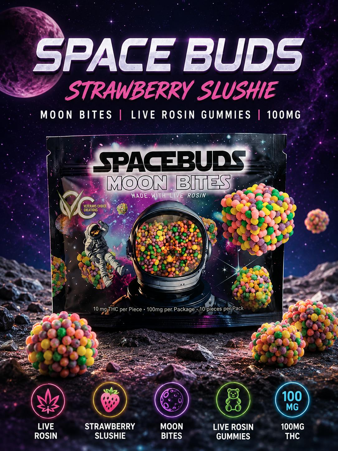 Product Space Buds | Strawberry Slushie | Moon Bites | Live Rosin Gummies | 100mg