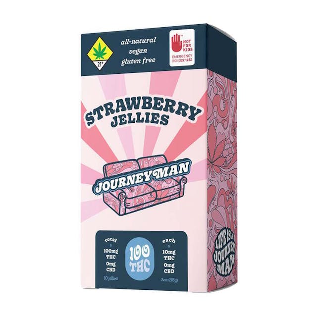 The perfect balance of sweet and tart packed with THC. A ripe berry bite you can pick all year round, Journeyman Strawberry Jellies are our weedy spin on a deliciously radical classic treat. All-Natural, Vegan and Gluten Free 100mg THC, 10-pack (10mg THC each)