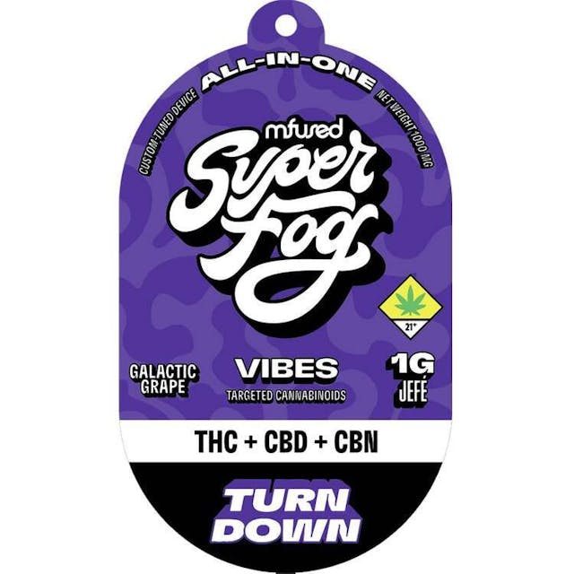 THC + CBD + CBN -- Turn Down is here with CBN, THC, and CBD to tuck you in for some high-quality rest. It’s like a lullaby that gets you high, perfect for those who need a nudge to dreamland. Relax and drift off with Turn Down. -- VIBES are Full Spectrum Extracts precision-formulated to drive effects using specific hero cannabinoid combinations. Our unique flavor profiles add layers of complexity while providing a familiar, fun taste. -- Powered by the Mfused Jefé: + Unique blend of minor cannabinoids for targeted effects + New ergonomic shape is comfortable, discreet and convenient + Custom-designed atomizer is tuned for the most authentic expression of our extracts + Designed, tested and developed in the U.S. with our aerosol testing laboratory + Spark Button allows for a fully customized cannabis experience + Button controls device ON/OFF, cold-start and variable temperature settings + Fast charging via USB-C with multi-day battery endurance + Zero harmful additives + Independently tested to ensure product safety