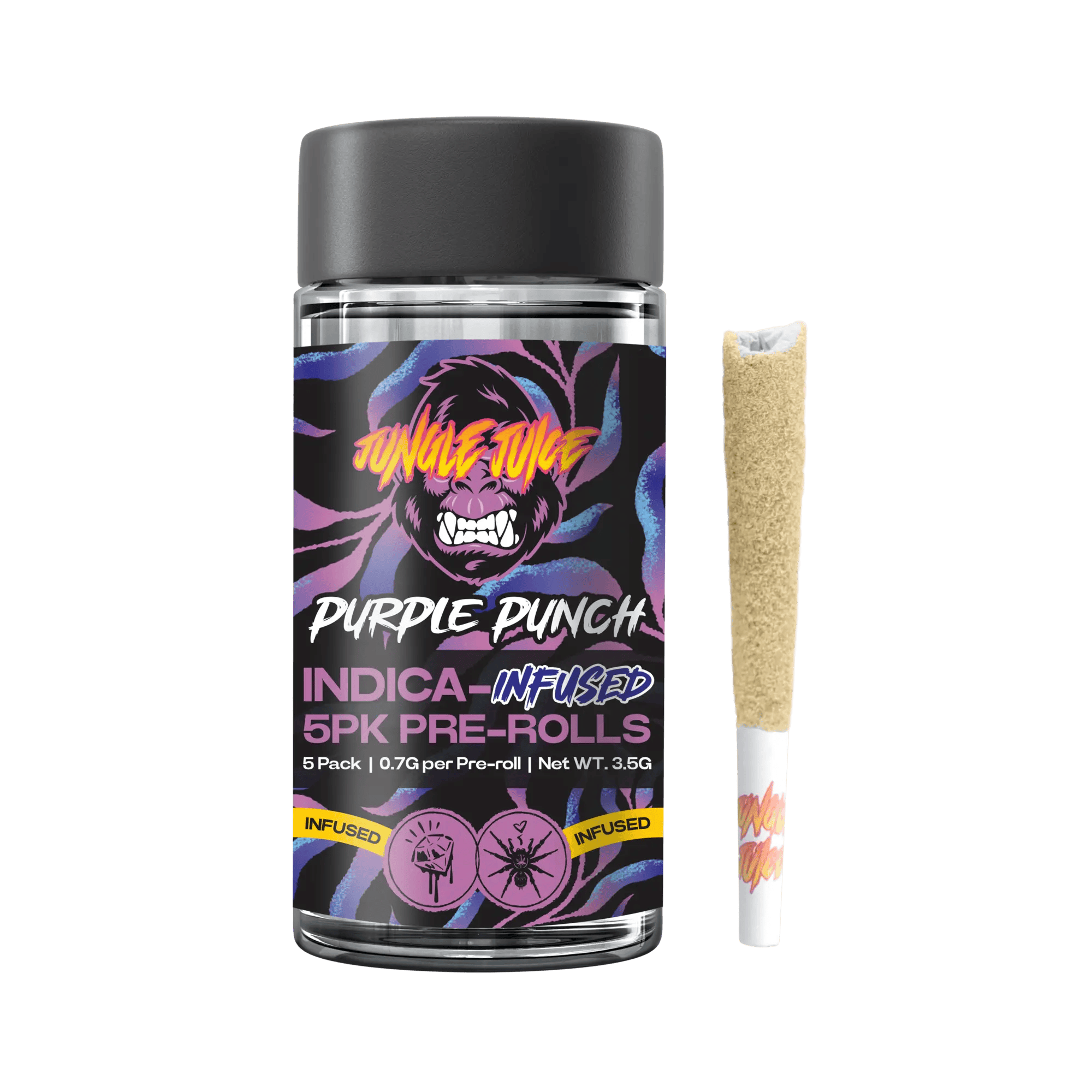 Jungle Juice - 5pk .7g Tarantula Infused Prerolls - - Indica - **PURPLE PUNCH** (2/$35)