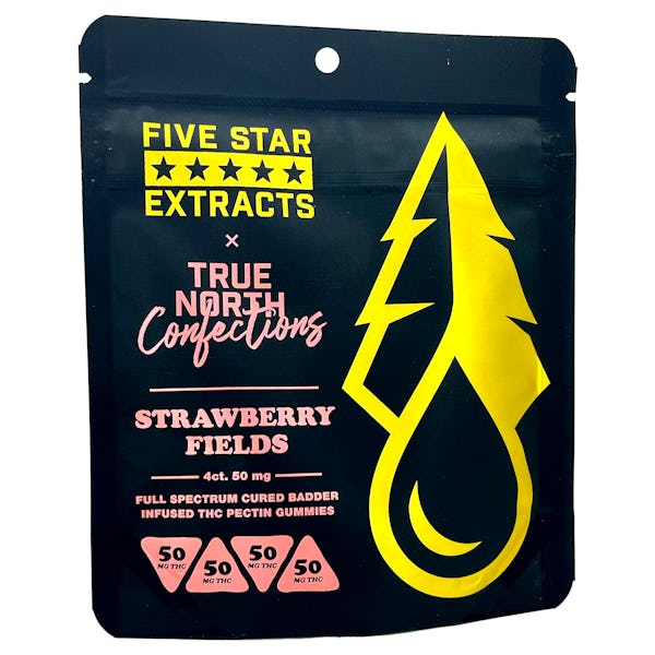 Product: True North Confections x Five Star Extracts | Vegan Strawberry Fields Cured Badder Gummies 4pc | 200mg