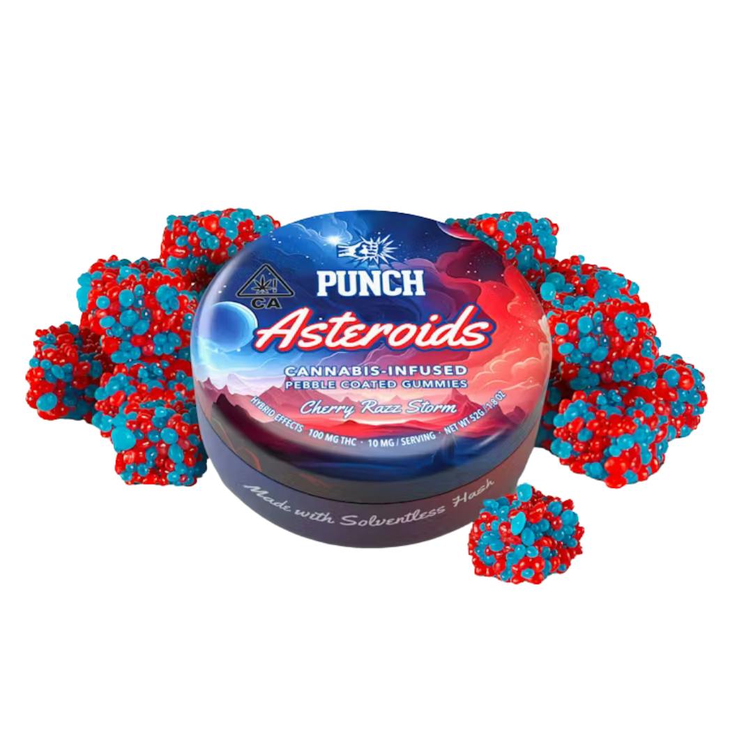 CHERRY RAZZ STORM SOLVENTLESS PEBBLE COATED GUMMY ASTEROIDS