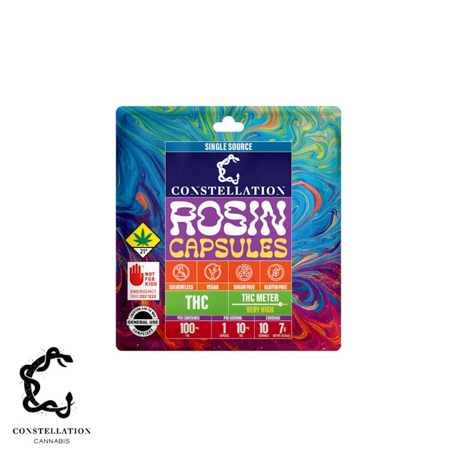 Made by Constellation Cannabis, a family-owned and operated brand, our THC Space Capsules are crafted with our signature, award-winning, solventless hash rosin and Organic Coconut Oil. Our Capsules are also made with a sugar free, gluten free, and vegan formula resulting in the cleanest possible way to consume cannabis. They deliver pure potency without unnecessary additives; just a  discreet way to elevate your mind and body without compromise.