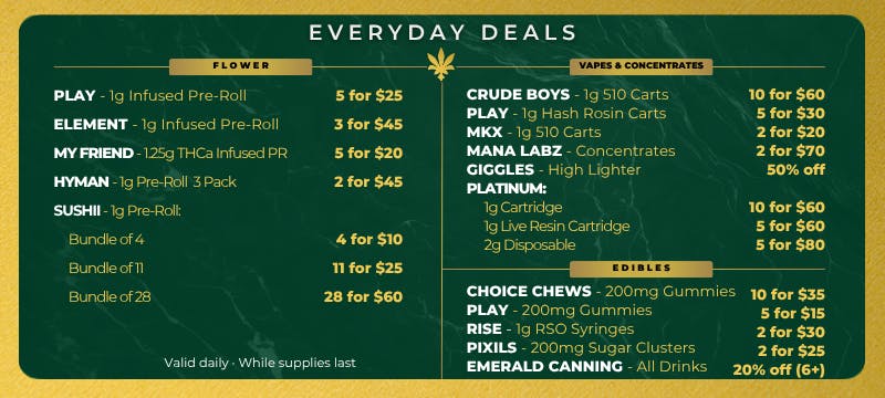 Everyday Deals.  Crude Boys. Glorious.  Redemption.  Society C.  Play.  RIPZ.  The SC.  Sushii.  Element.  Stoned to the bone.  Euphoria.  Choice.  RISE.  PIXILS.  Emerald Canning.