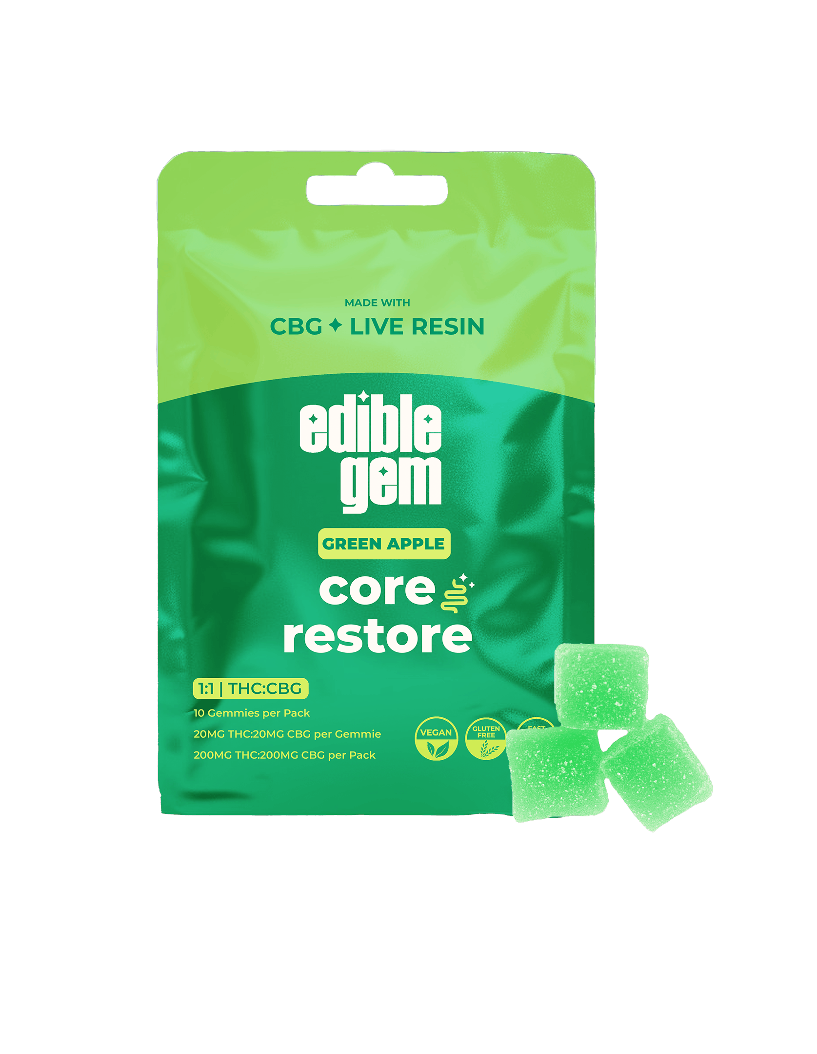 Product: Edible Gem | Green Apple - Core Restore - 1:1 CBG Live Resin 200mg Gummies