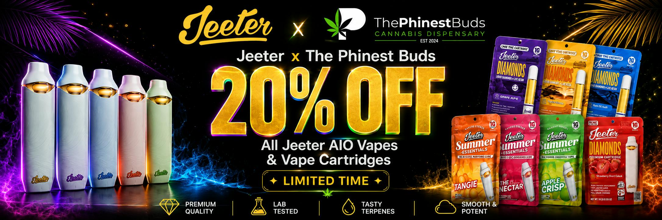 20% off Jeeter Vape cartridges and Jeeter all in one vapes located at The Phinest Buds Cannabis Dispensary 576 Dick rd Ste 10a Depew, NY 14043. 