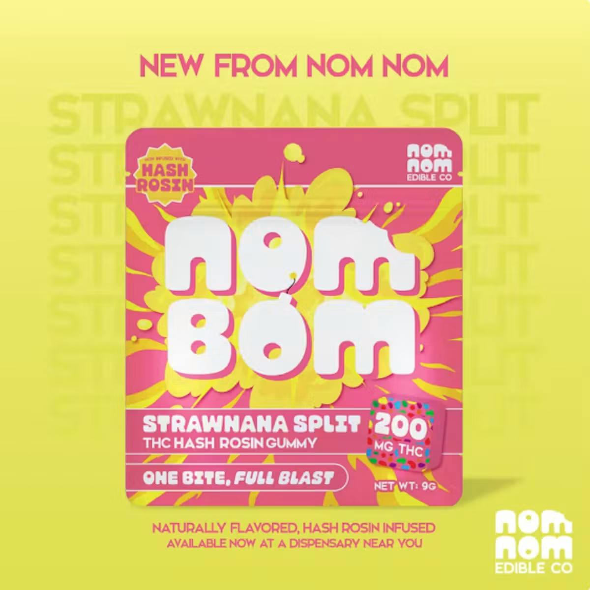 Nom Bom Strawnana Split - Hash Rosin Gummies 200MG Single by Nom Nom Edible Co. – Edibles at Gatsby Cannabis