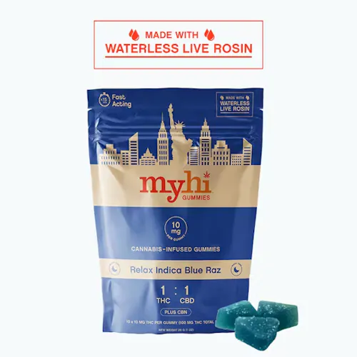 Relax Indica Blue Raz (1:1 THC:CBD + CBN) – Waterless Live Rosin Fast Acting Gummies – 10 pieces (100mg)-3