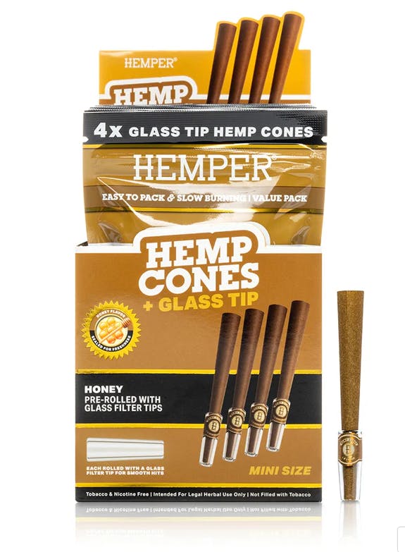 Accessories | Hemper | Mini Size Hemp Cones + Glass Tip | Honey | 4pk